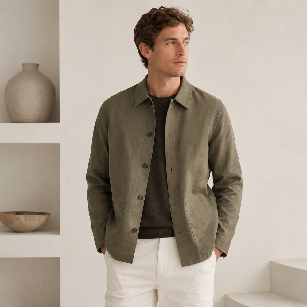 Quince Mens European Linen Chore Jacket M Bayberry Olive Green Utility Coat NWT